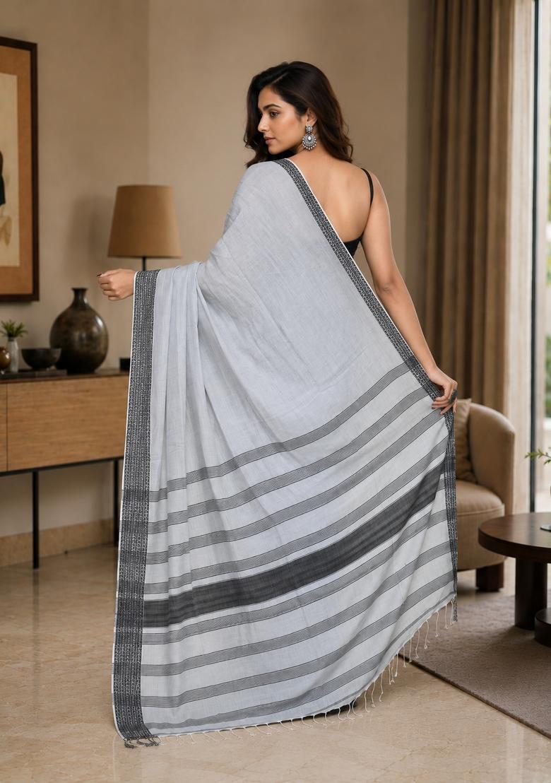 Pearl Woven Design Cotton Saree Set - Indya
