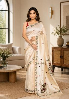 Beige Woven Design Silk Saree Set
