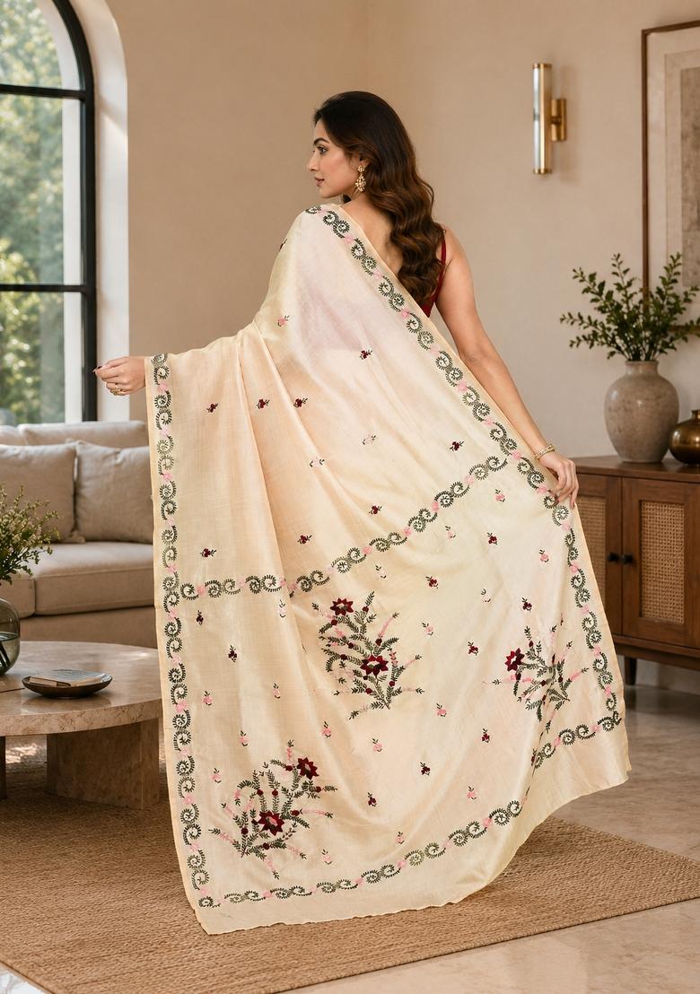 Beige Woven Design Silk Saree Set - Indya