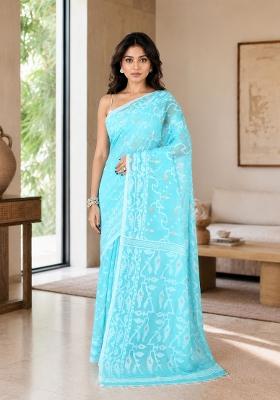 Aqua Woven Design Cotton Saree Set