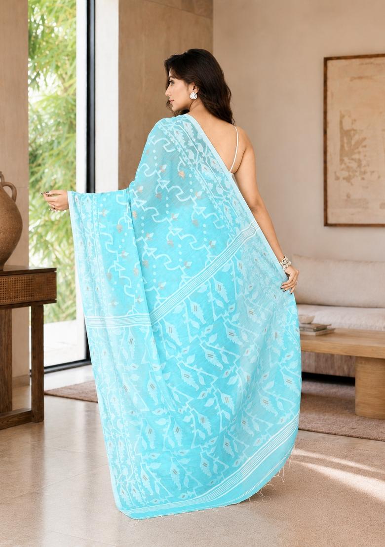 Aqua Woven Design Cotton Saree Set - Indya