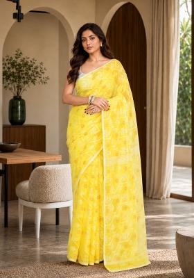 Yellow Woven Design Cotton Saree Set