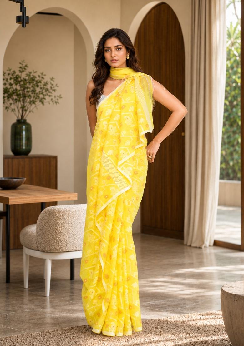 Yellow Woven Design Cotton Saree Set - Indya