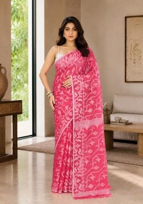 Pink Woven Design Cotton Saree Set