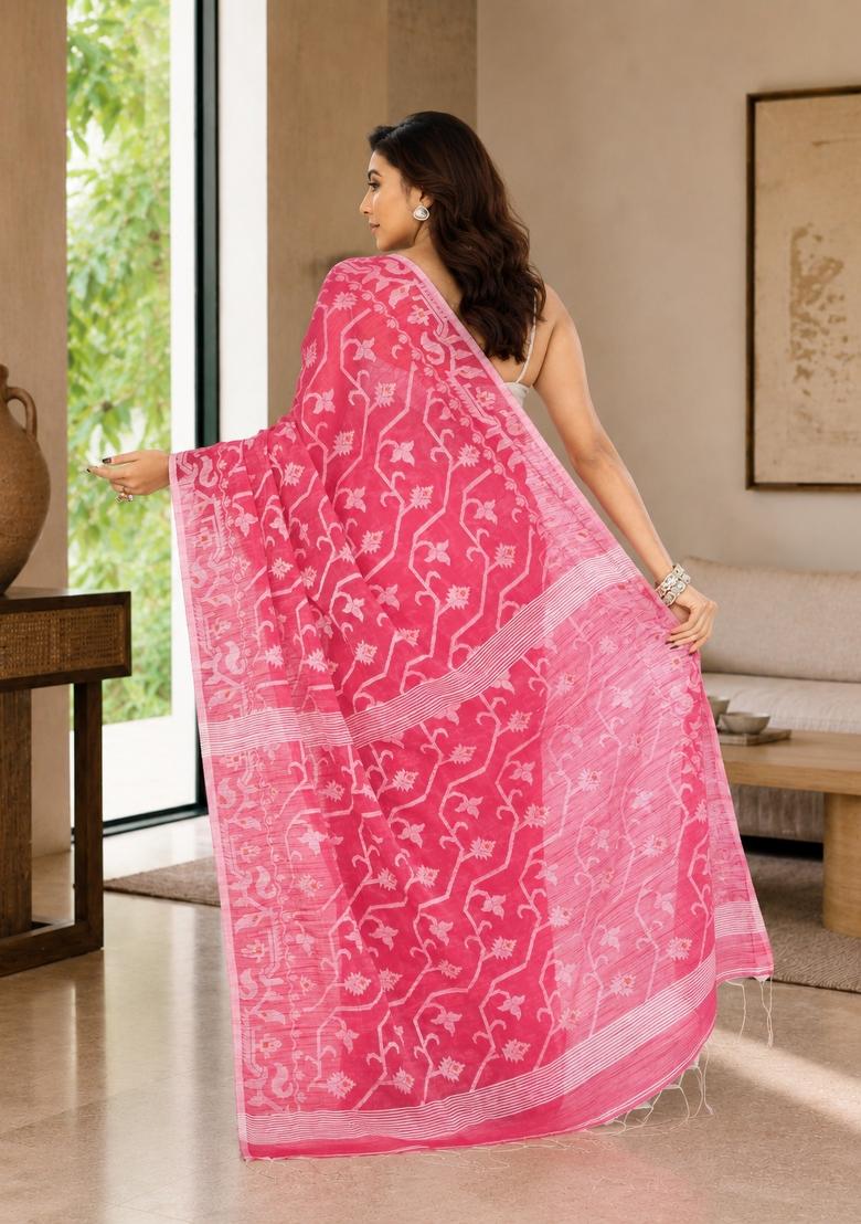 Pink Woven Design Cotton Saree Set - Indya