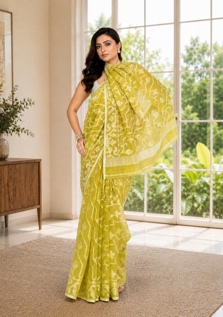 Straw Woven Design Cotton Saree Set - Indya