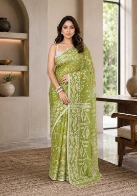 Moss Green Woven Design Cotton Saree Set