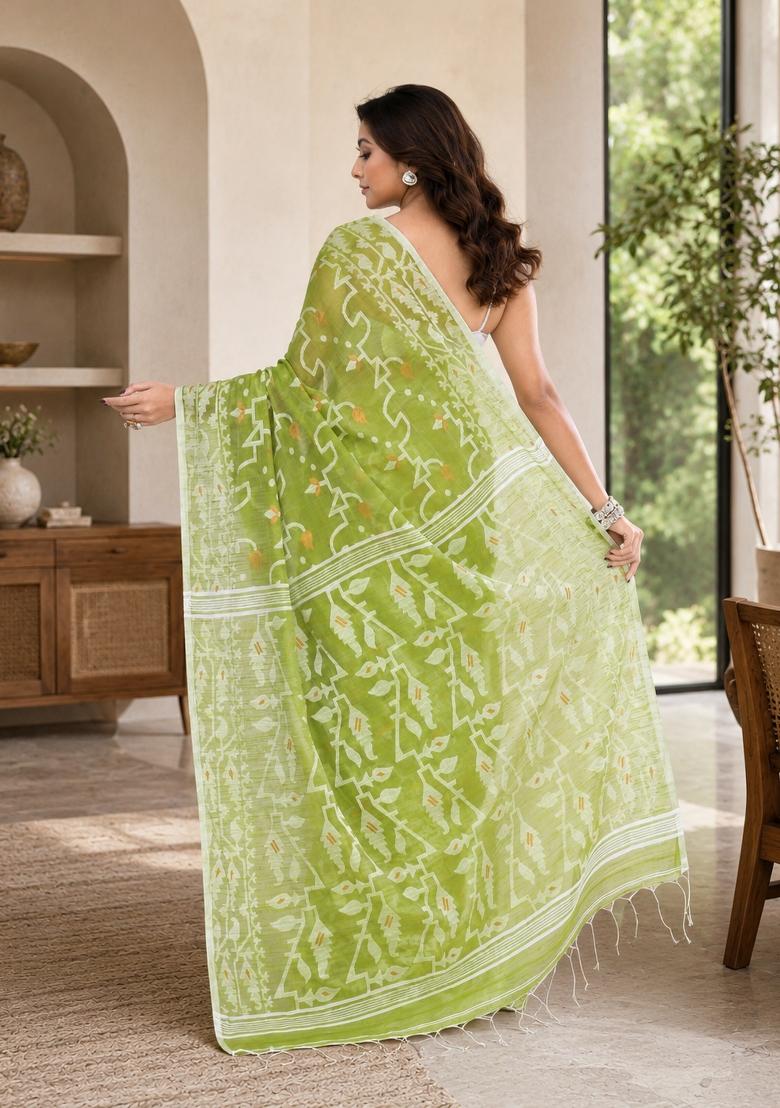 Moss Green Woven Design Cotton Saree Set - Indya