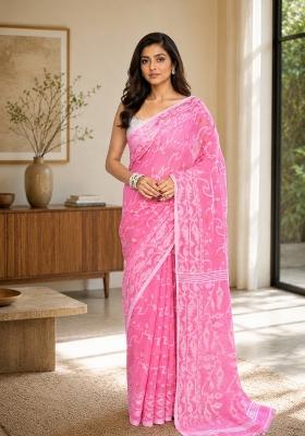 Pink Woven Design Cotton Saree Set