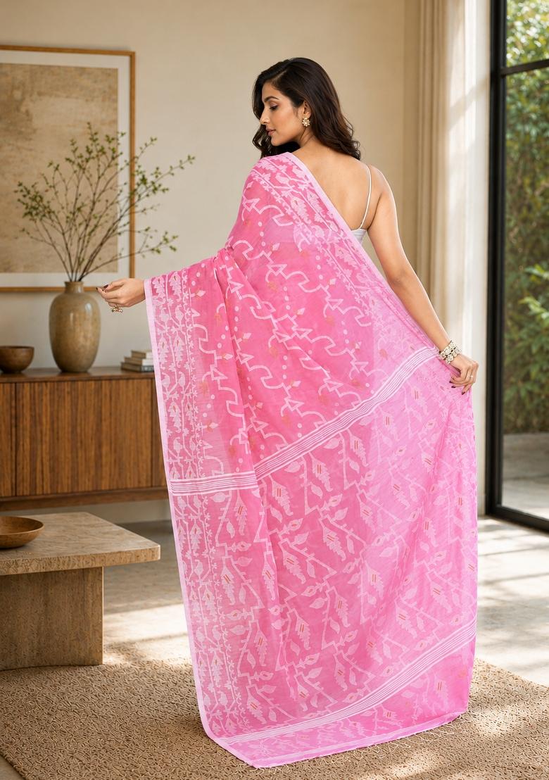 Pink Woven Design Cotton Saree Set - Indya
