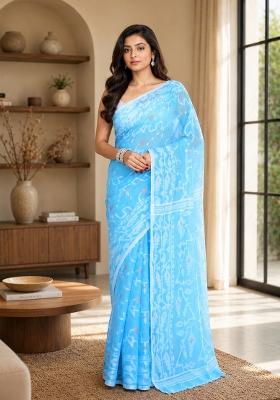 Turquoise Woven Design Cotton Saree Set