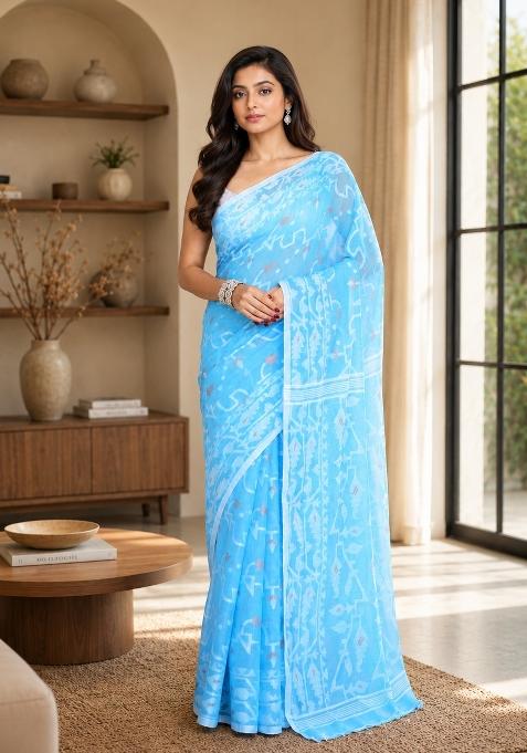 Turquoise Woven Design Cotton Saree Set