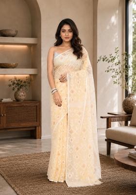 Cream Woven Design Cotton Saree Set