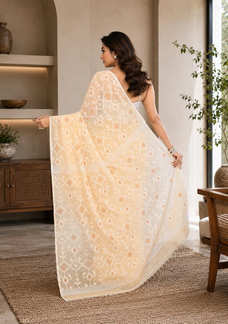 Cream Woven Design Cotton Saree Set - Indya
