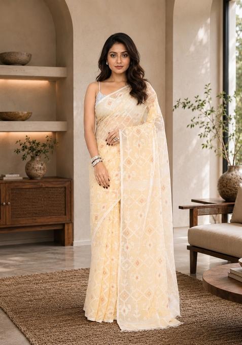 Cream Woven Design Cotton Saree Set