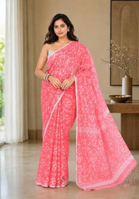 Salmon Woven Design Cotton Saree Set