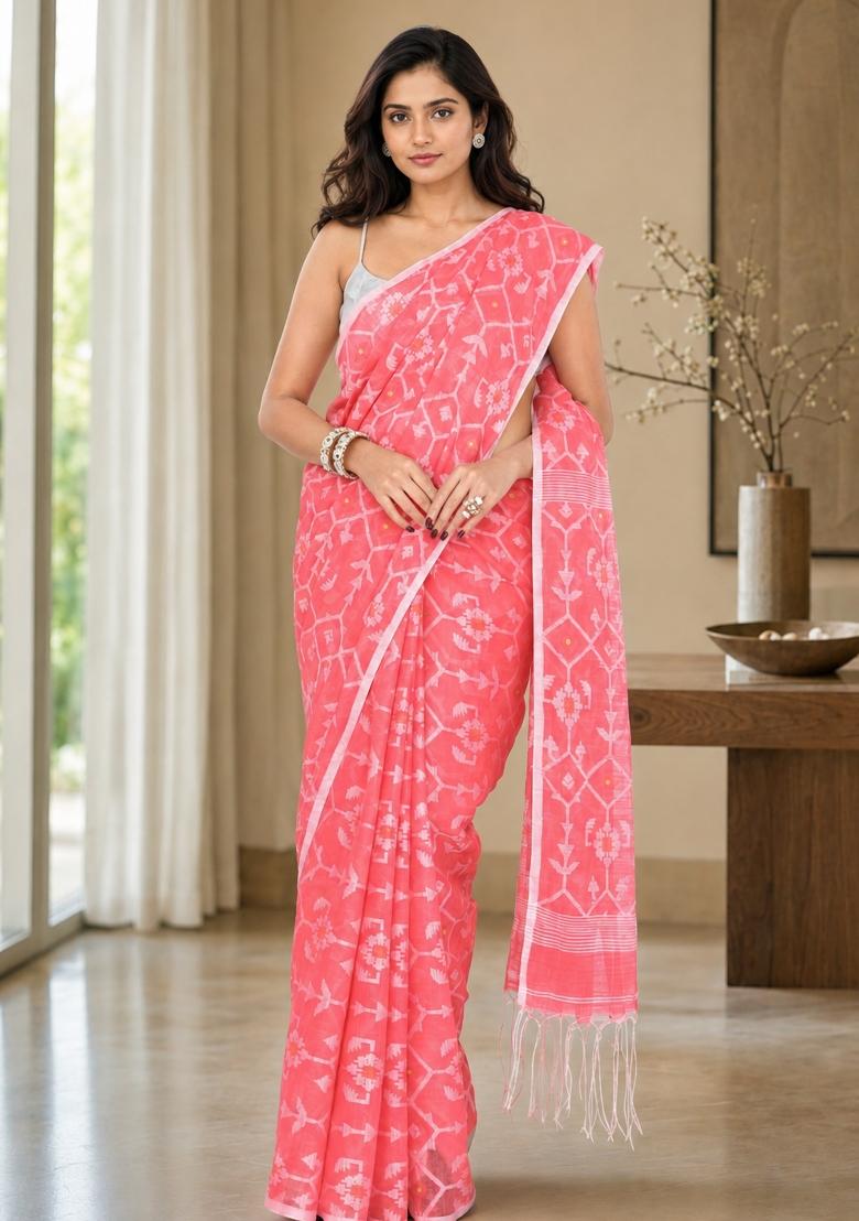 Salmon Woven Design Cotton Saree Set - Indya
