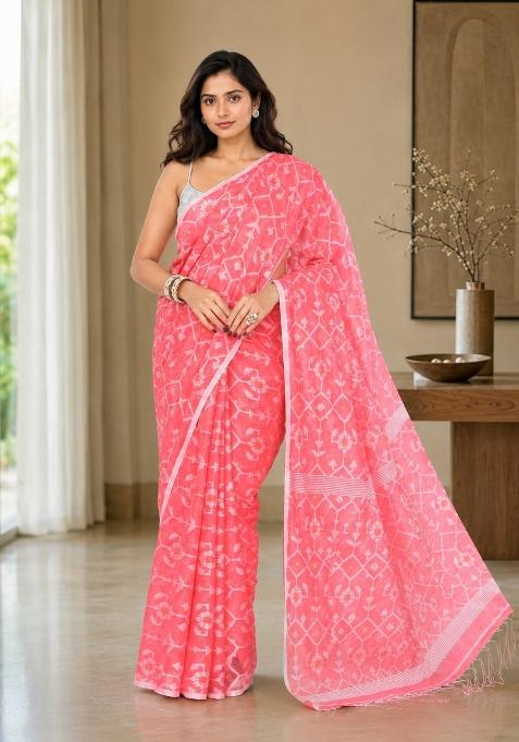 Salmon Woven Design Cotton Saree Set