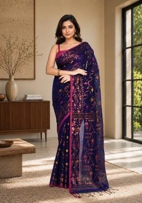 Blue Woven Design Cotton Saree Set
