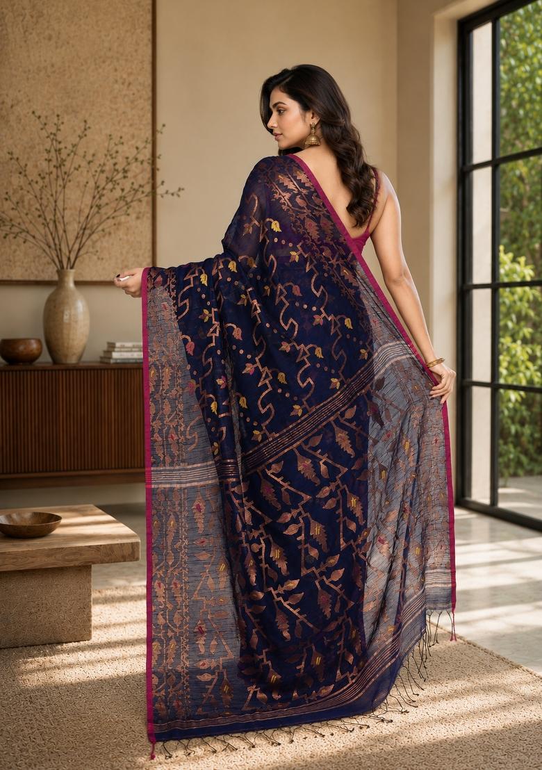 Blue Woven Design Cotton Saree Set - Indya