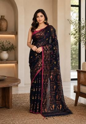 Navy Blue Woven Design Cotton Saree Set