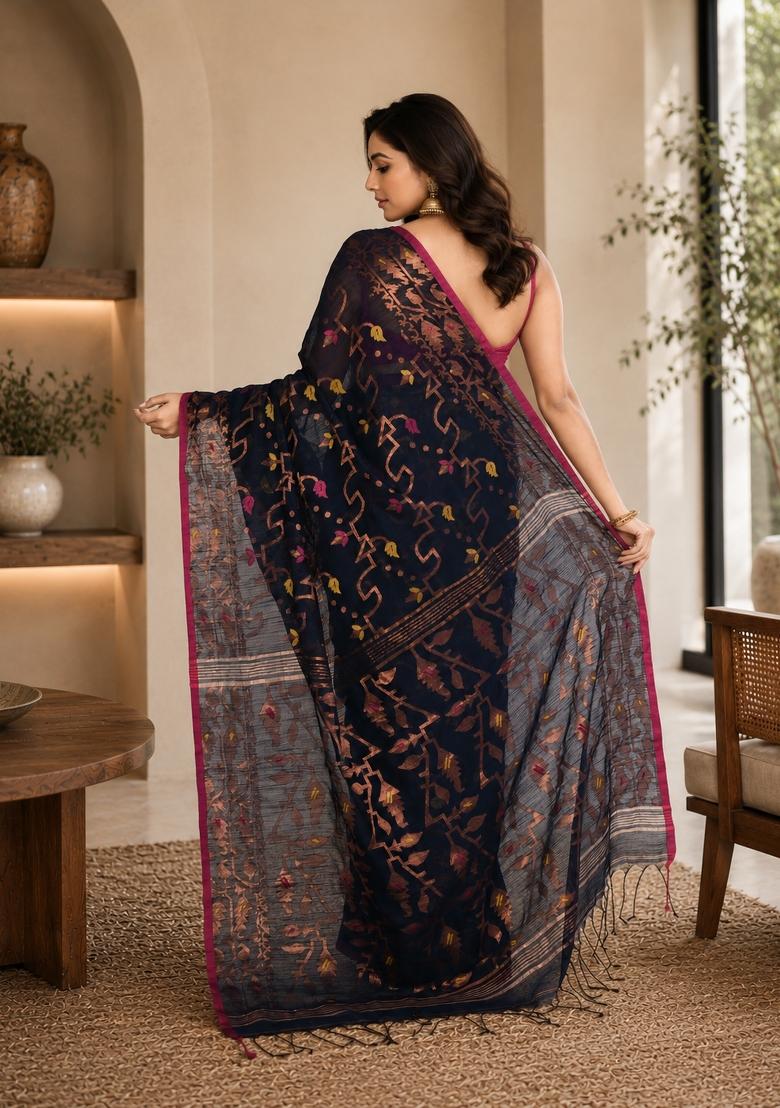 Navy Blue Woven Design Cotton Saree Set - Indya