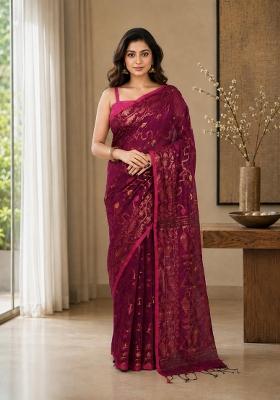 Pink Woven Design Cotton Saree Set
