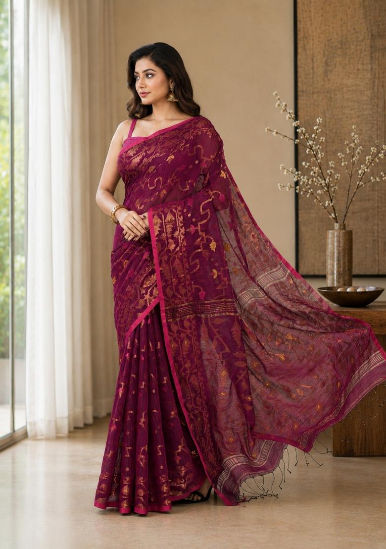 Pink Woven Design Cotton Saree Set - Indya