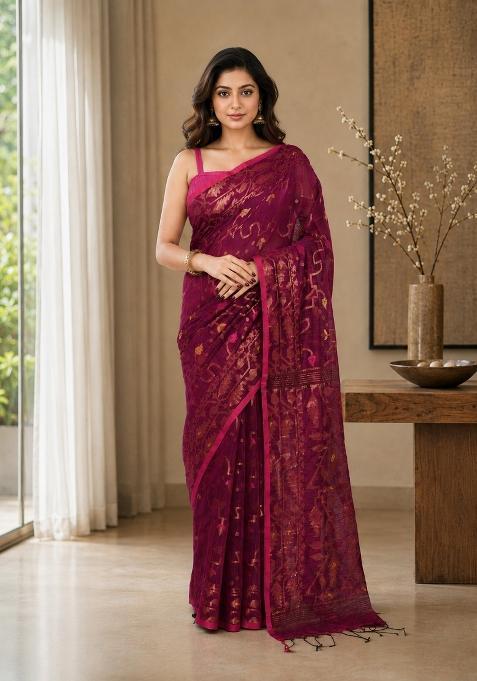 Pink Woven Design Cotton Saree Set