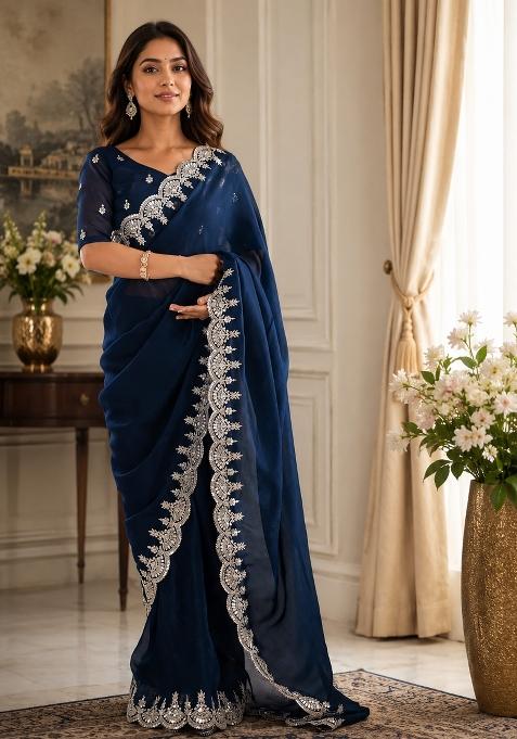 Navy Blue Woven Design Chiffon Saree Set