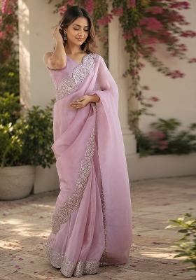 Soft Pink Woven Design Chiffon Saree Set