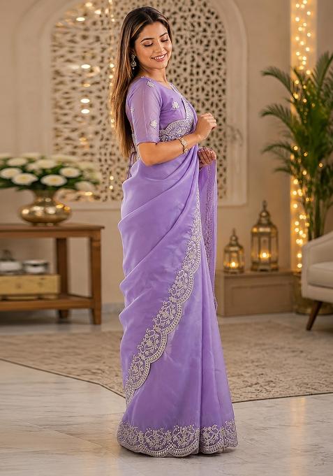 Lavender Woven Design Chiffon Saree Set