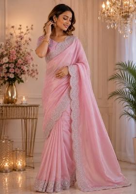 Rich Pink Woven Design Chiffon Saree Set