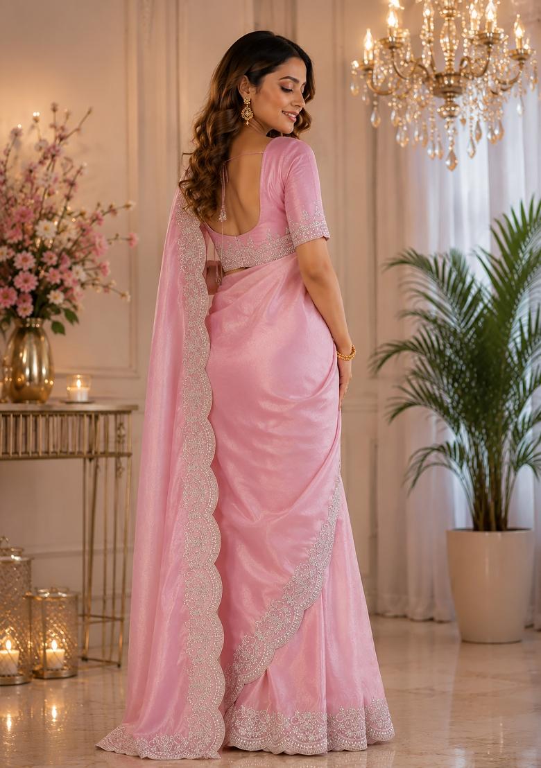 Rich Pink Woven Design Chiffon Saree Set - Indya