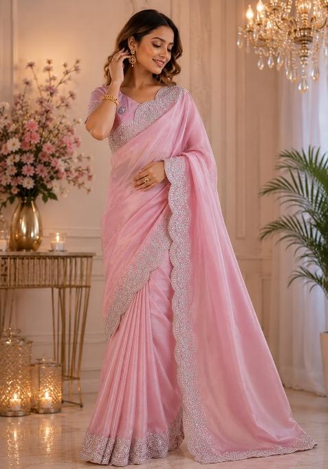 Rich Pink Woven Design Chiffon Saree Set