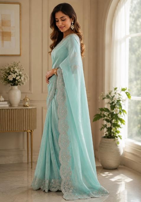 Pastel Blue Woven Design Chiffon Saree Set