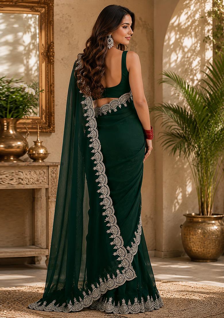 Emerald Green Woven Design Chiffon Saree Set - Indya