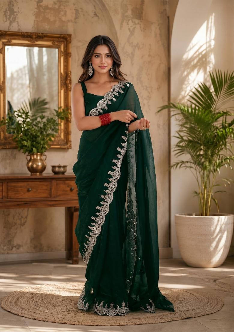 Emerald Green Woven Design Chiffon Saree Set - Indya