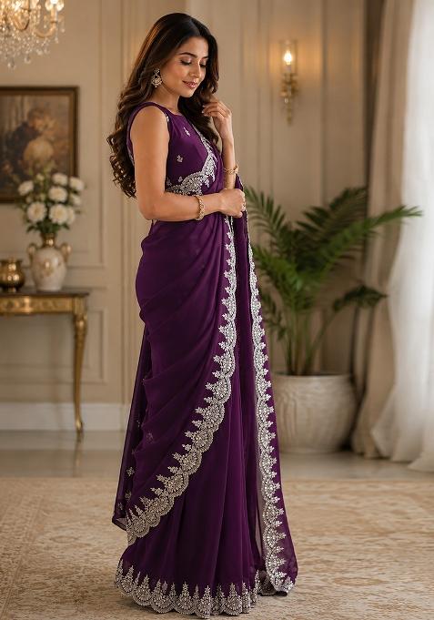 Wine Woven Design Chiffon Saree Set