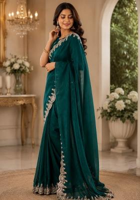 Teal Green Woven Design Chiffon Saree Set