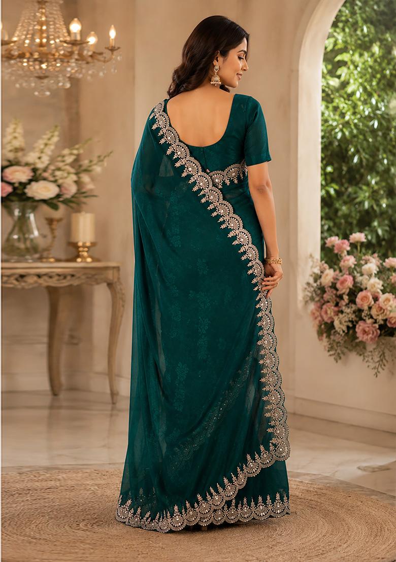 Teal Green Woven Design Chiffon Saree Set - Indya