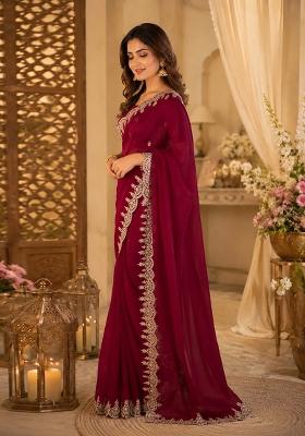 Maroon Woven Design Chiffon Saree Set