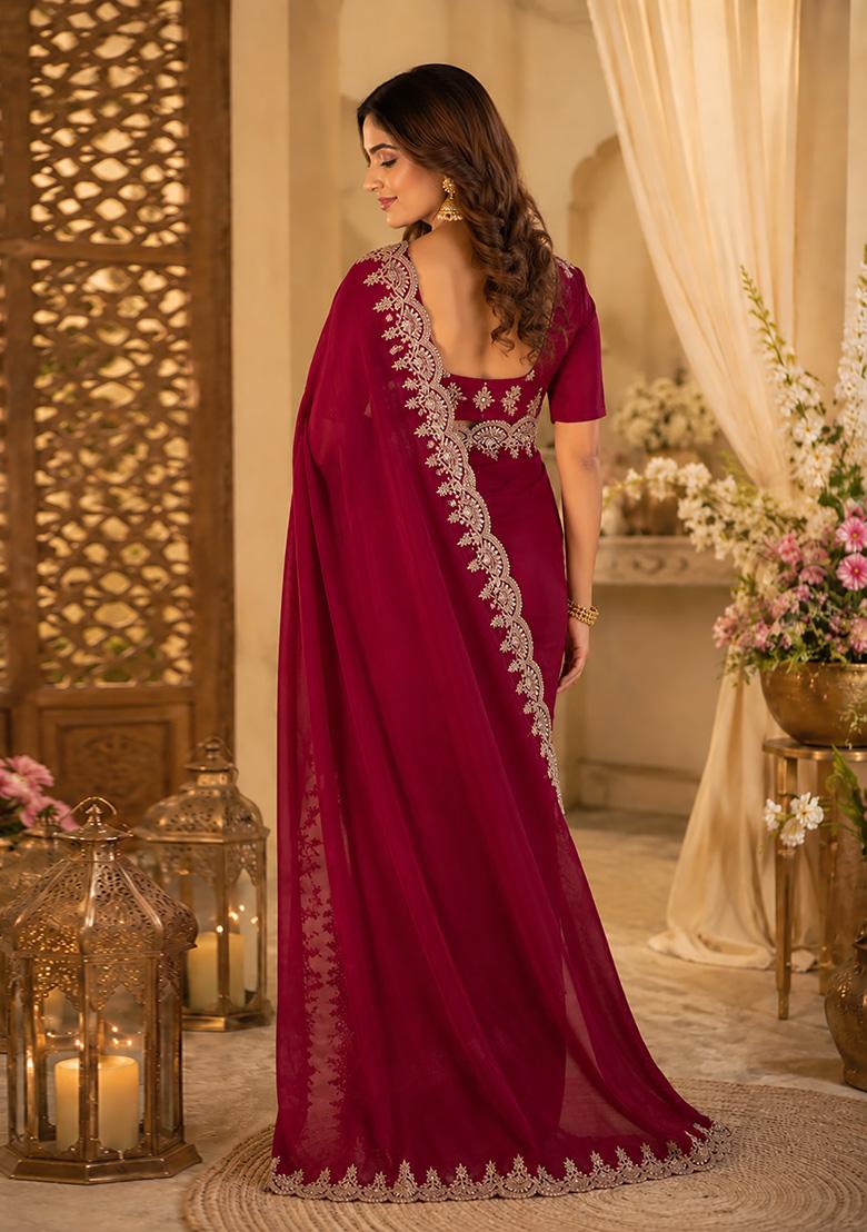 Maroon Woven Design Chiffon Saree Set - Indya