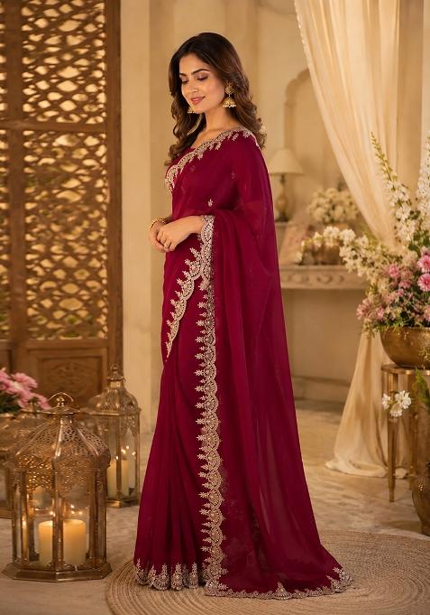 Maroon Woven Design Chiffon Saree Set