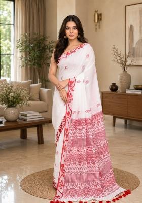 White Woven Design Cotton Saree Set