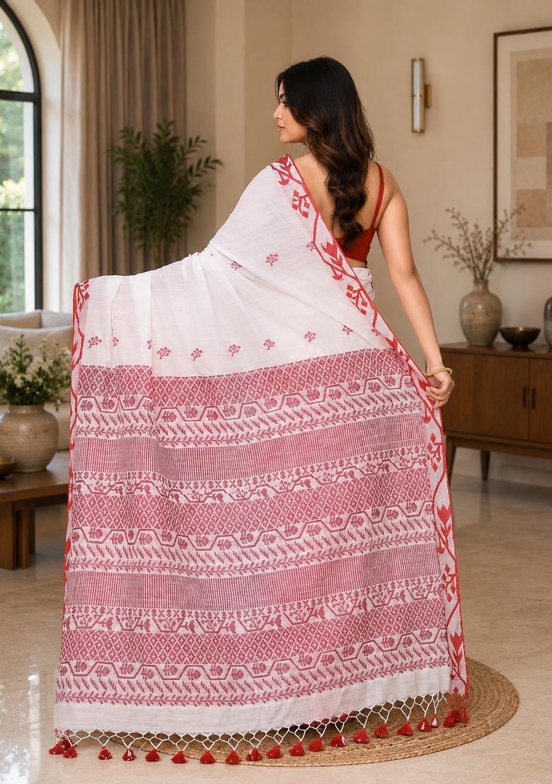White Woven Design Cotton Saree Set - Indya