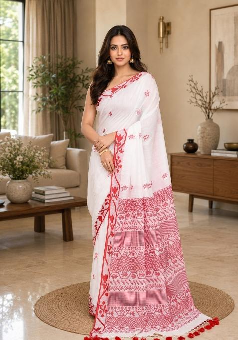 White Woven Design Cotton Saree Set