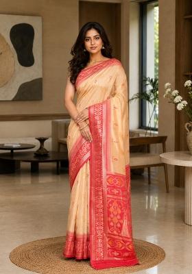 Beige Woven Design Silk Saree Set