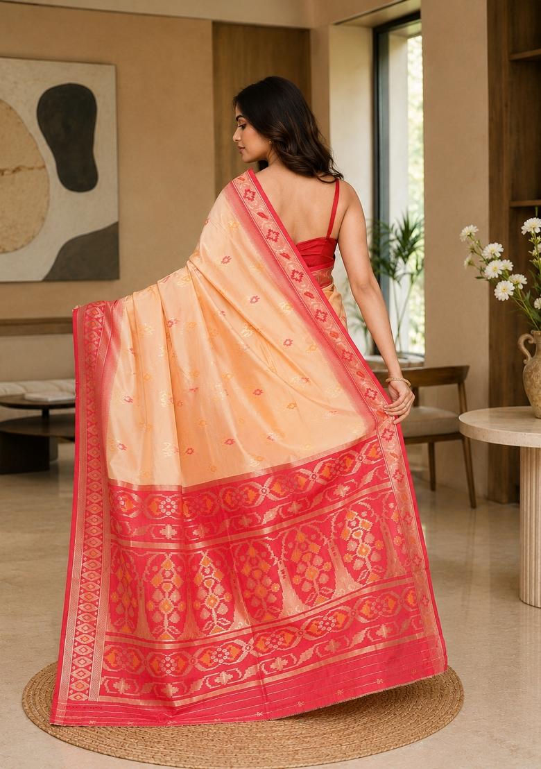 Beige Woven Design Silk Saree Set - Indya