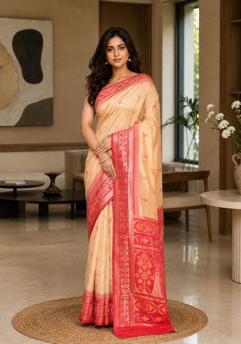 Beige Woven Design Silk Saree Set